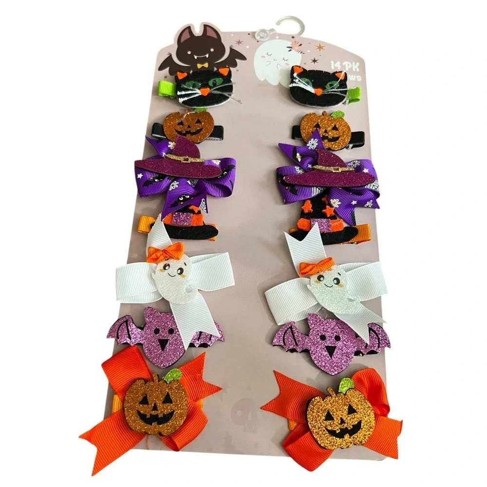 Halloween Hair Bows 14-Pack Girls Clips Bats Ghosts Pumpkins Cats Witches Cute!!